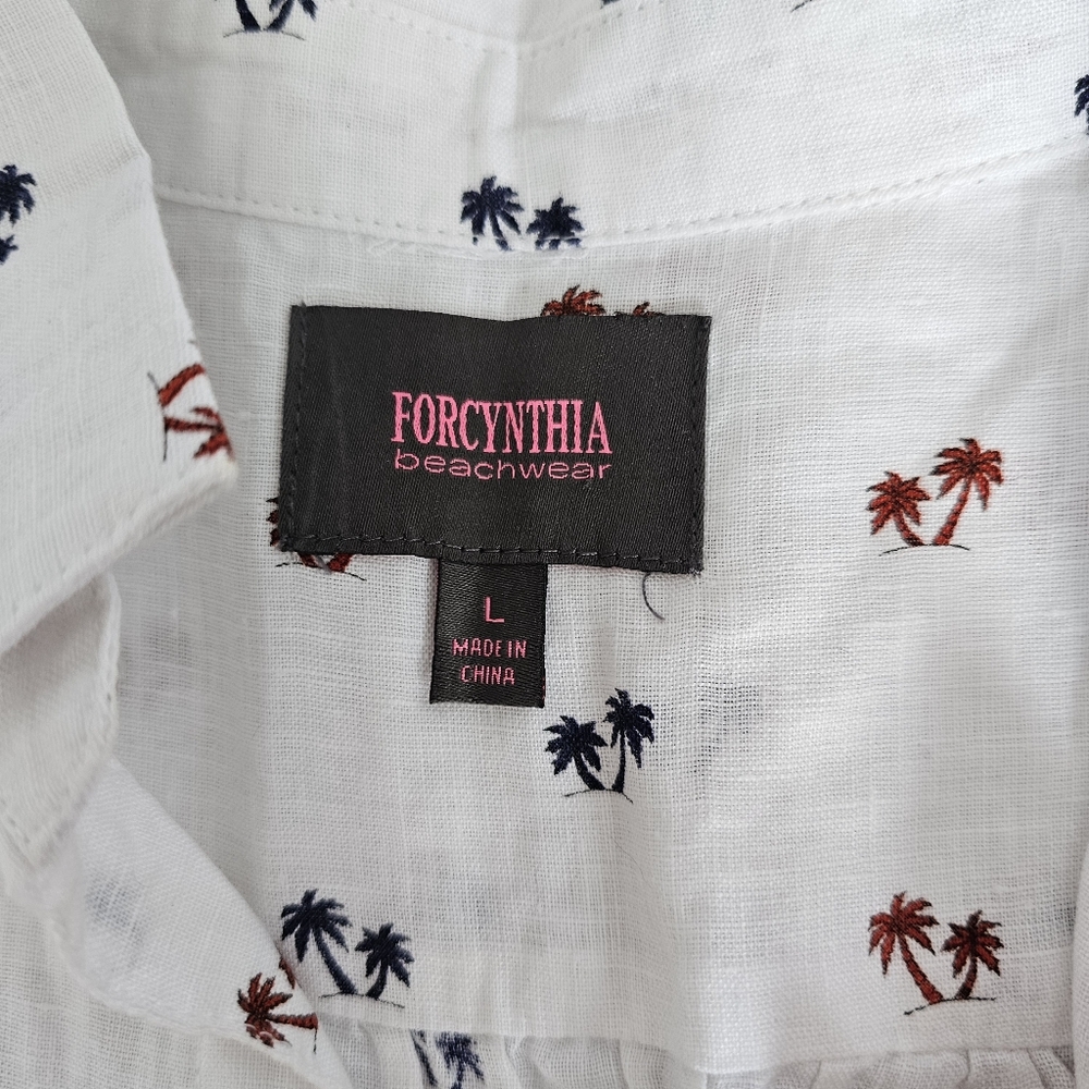 FORCYNTHIA Beachwear White Palm Trees Linen L Tunic Shirt Beach Coverup Resort - Picture 5 of 11